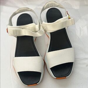Sorel Cream and Black Sandals with Orange Accents